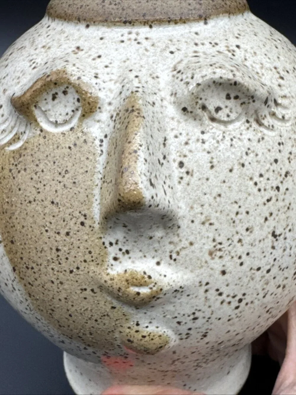 Studio Pottery Speckled Moon Face Style Vase Planter Unsigned Female Eyelash